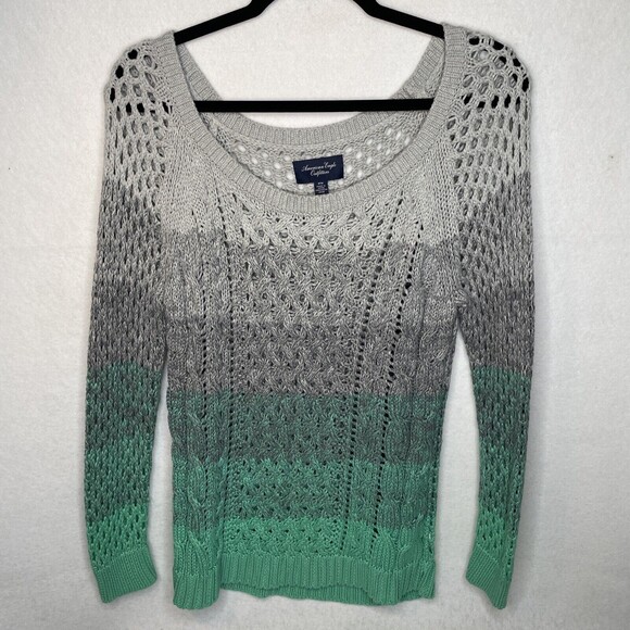 American Eagle Women Sweater Gray Green Ombre Open Cable Knit Cotton Medium - Picture 3 of 9